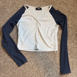 Cider Navy and Light Gray Raglan Henley Crop Top